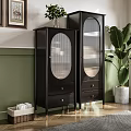 Black Sideboard with Round Glass Doors Drawers and Gold Legs in Modern Interior with Plant