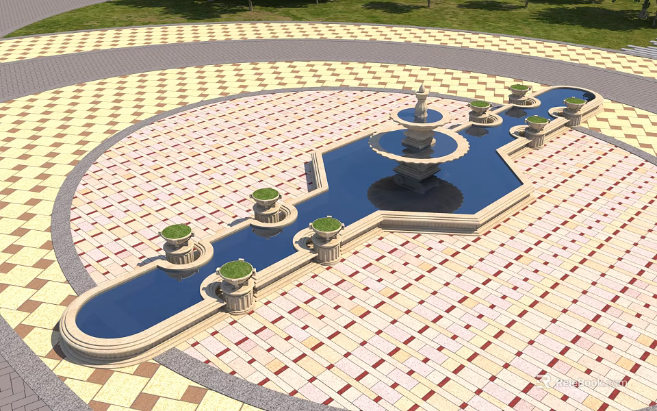 Garden Ornaments With Multi Tiered Fountain Curved Water Pool Circular Stone Pedestals And Checkerboard Paving 3d model 