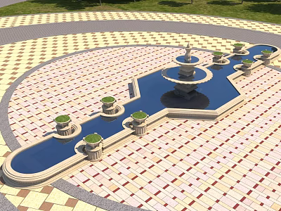 Garden Ornaments With Multi Tiered Fountain Curved Water Pool Circular Stone Pedestals And Checkerboard Paving 3d model