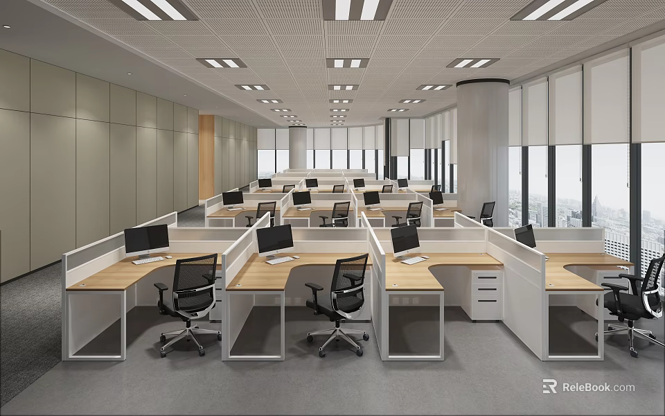 Modern Public Office Workspace With Cubicles Desks Computers Office Chairs And Large Windows 3d model 