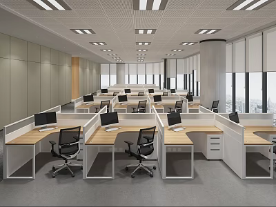 Modern Public Office Workspace With Cubicles Desks Computers Office Chairs And Large Windows 3d model