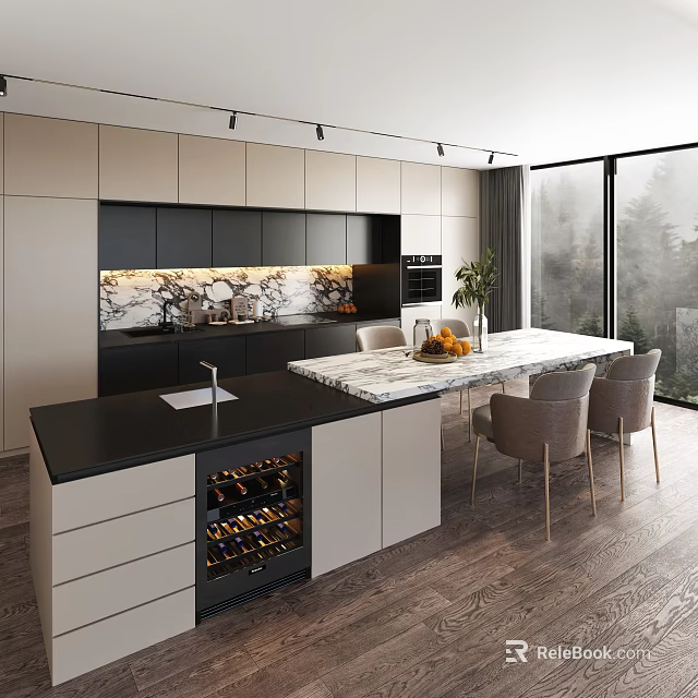 Elegant Modern Kitchen Interior With Marble Island Wine Cooler Dining Chairs And Large Windows 3d model