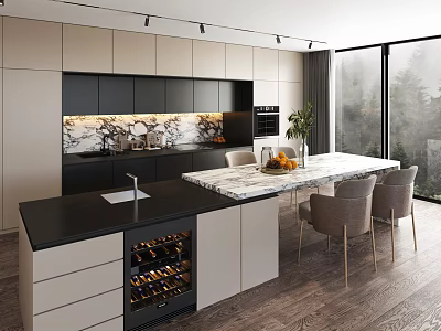 Elegant Modern Kitchen Interior With Marble Island Wine Cooler Dining Chairs And Large Windows 3d model