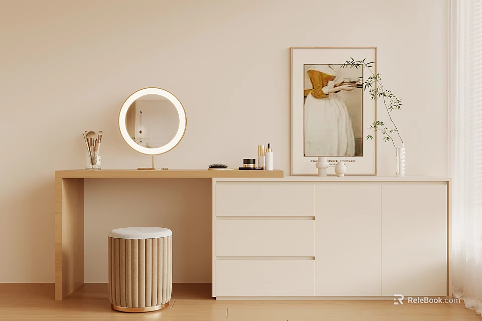 Minimalist Dressing Table With Round Lighted Mirror Stool Drawers And Artwork 3d model