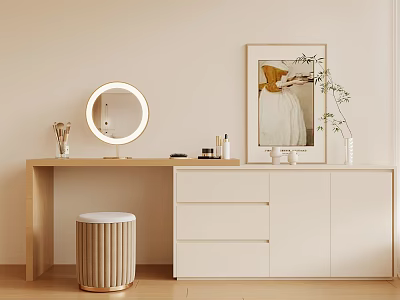 Minimalist Dressing Table With Round Lighted Mirror Stool Drawers And Artwork 3d model