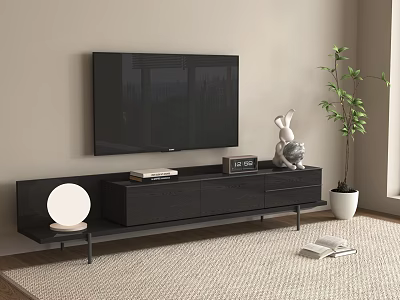 Modern Black TV Stand with Rabbit Ornament Radio Books White Round Lamp and Green Plant 3d model