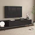 Modern Black TV Stand with Rabbit Ornament Radio Books White Round Lamp and Green Plant