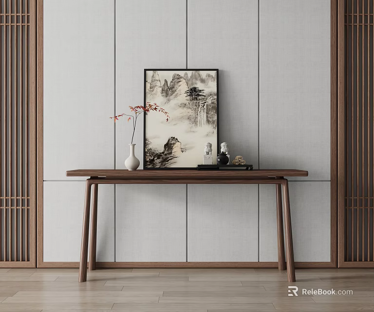 Modern Console Table With Gray Wall Wooden Lattice White Vase Red Floral Branch Small Decor 3d model 