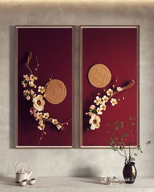 Red Background Decorative Panels With Branches Flowers And Woven Discs 3d model