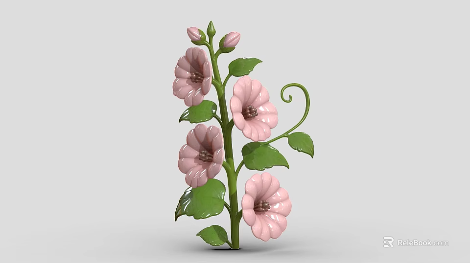 Blooming Pink Flowers Plant with Green Stems Leaves and Curly Vines 3d model 