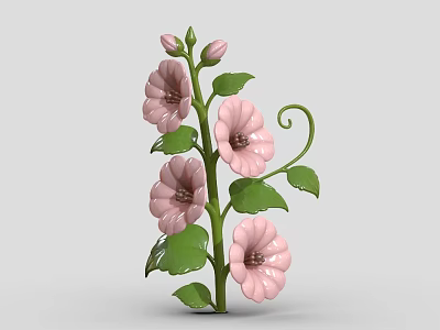 Blooming Pink Flowers Plant with Green Stems Leaves and Curly Vines 3d model