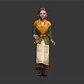 Elderly Woman in Green Coat With Yellow Scarf Standing on Grass Path With Flowers