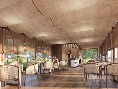 Cafe Interior Featuring Textured Beige Ceiling Bamboo Blinds Rattan Chairs Wooden Floors And Green Views 3d model