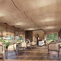 Cafe Interior Featuring Textured Beige Ceiling Bamboo Blinds Rattan Chairs Wooden Floors And Green Views