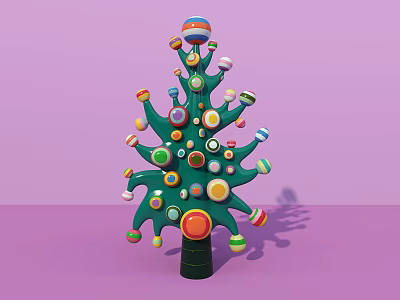 Vibrant Window Display With Green Tree Shaped Decoration And Colorful Circular Ornaments On Pink Background 3d model