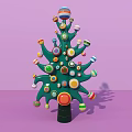 Vibrant Window Display With Green Tree Shaped Decoration And Colorful Circular Ornaments On Pink Background