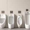 Four Modern White Urinals Mounted on Beige Wall With Grey Flush Panels
