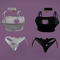 Cute Cat Pattern Women's Bikini Sets With Ruffle Trim In Black And White