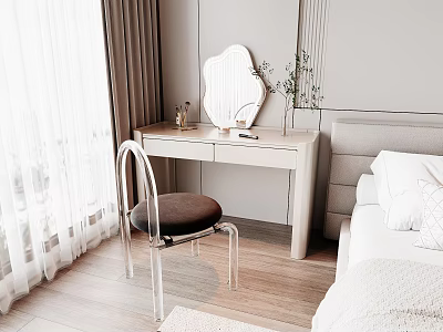 Modern Bedroom Dressing Table With Round Mirror Acrylic Stool And Decorative Items 3d model