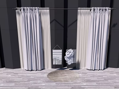 Light Colored Curtains Hanging By Black Wall With Wooden Floor And Woven Decor 3d model