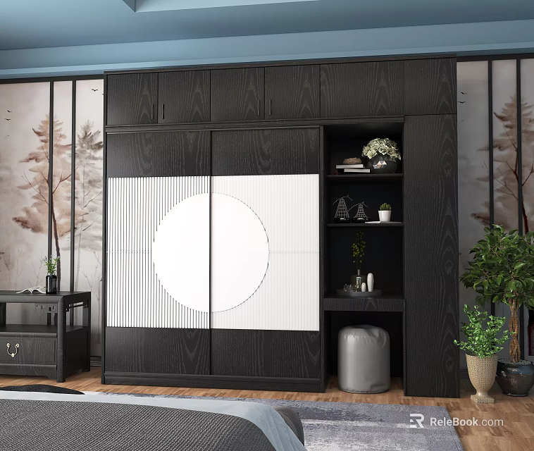 Modern Dark Wardrobe With Sliding Doors White Circular Stripe Design Open Shelves And Plants Decor 3d model 