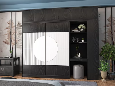 Modern Dark Wardrobe With Sliding Doors White Circular Stripe Design Open Shelves And Plants Decor 3d model