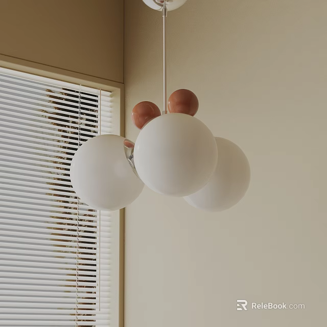 Three Modern White Spherical Pendant Lights With Wooden Top In Minimalist Room Interior Design 3d model 