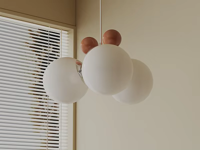 Three Modern White Spherical Pendant Lights With Wooden Top In Minimalist Room Interior Design 3d model