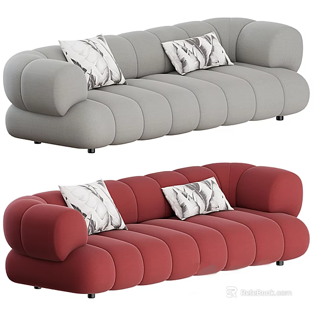 Gray and Red Upholstered Multi-seater Sofas with Decorative Pillows Modern Segmented Rounded Arms 3d model