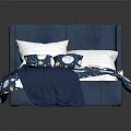Blue Upholstered Double Bed With Star Moon Pattern Quilt Blue Blanket And White Pillows 3d model