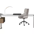 Modern Glass Top Desk Setup With White Chair Table Lamp And Laptop