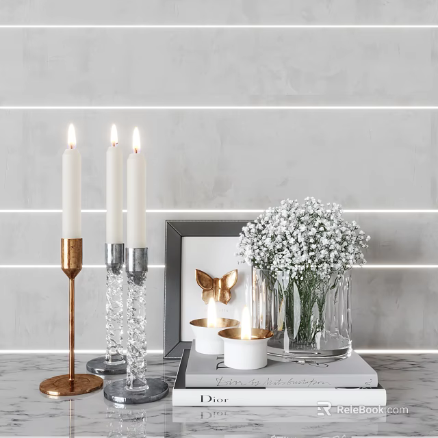 Minimalist Home Decorative Set With Copper Glass Candle Holders Butterfly Frame And Baby's Breath Bouquet 3d model 