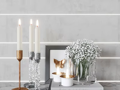 Minimalist Home Decorative Set With Copper Glass Candle Holders Butterfly Frame And Baby's Breath Bouquet 3d model