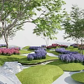 Green Garden Landscape Design With Winding Paths Colorful Flower Beds And Seating Areas
