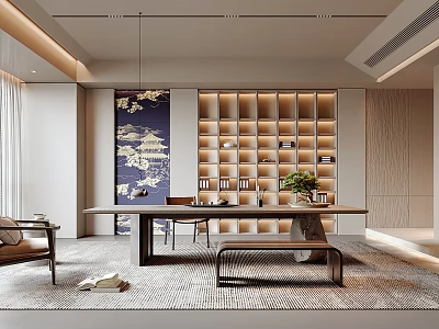 Modern Chinese Tea Room With Long Table And Decorative Shelves 3d model