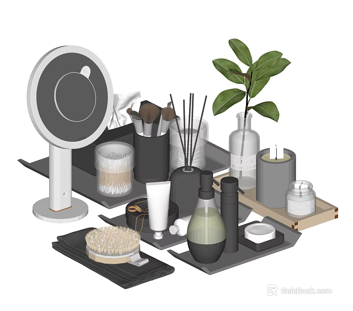 Bathroom Accessories Set With Mirror Makeup Brushes Aromatic Diffuser Candle And Organizing Trays 3d model