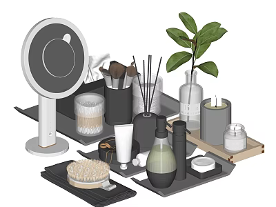 Bathroom Accessories Set With Mirror Makeup Brushes Aromatic Diffuser Candle And Organizing Trays 3d model