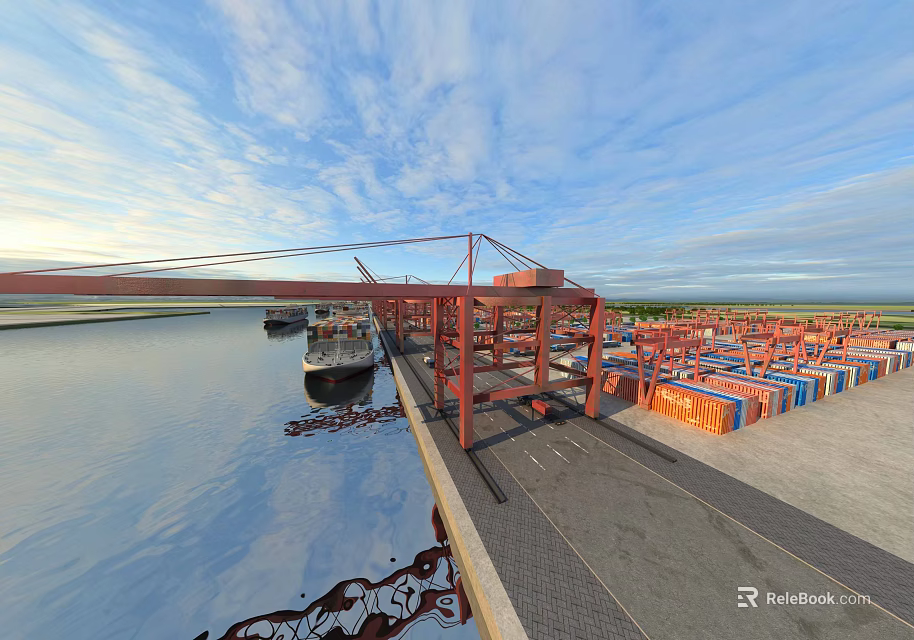 Busy Container Port With Cranes Containers Ships And Waterfront Dock 3d model 