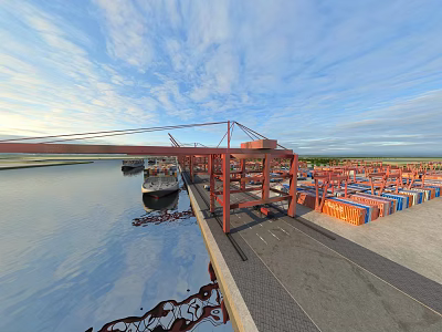 Busy Container Port With Cranes Containers Ships And Waterfront Dock 3d model