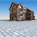 European style Building with Red Roof Yellow White Exterior Wooden Frame Accents and Paved Square