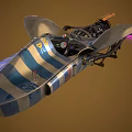 Futuristic Sci Fi Flying Vehicle With Yellow Wing Structures Black Mechanical Engines And Purple Electric Currents