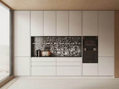 Modern Kitchen Interior With White Cabinets Black Patterned Backsplash And Built In Appliances 3d model