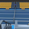 Blue Tennis Court With White Lines Yellow Seats Green Tree And Bench