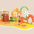 Children Playing In Trendy Play Area With Golden Egg Claw Machine And Flower Decorations