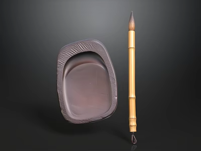 Traditional Chinese Inkstone With Bamboo Handle Writing Brush For Calligraphy 3d model