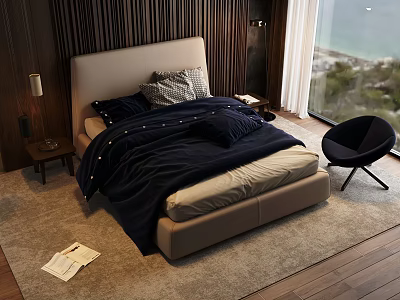 Double Bed With Beige Headboard Navy Blue Bedding And Sea View Through Large Window 3d model