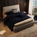 Double Bed With Beige Headboard Navy Blue Bedding And Sea View Through Large Window 3d model