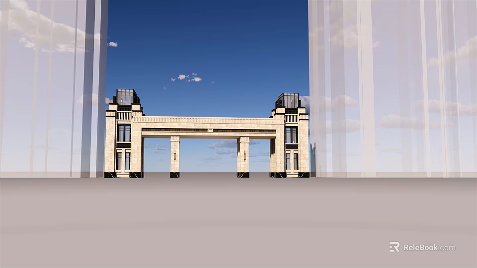 Elegant Beige Entrance Gate With Symmetric Columns And Blue Sky Backdrop 3d model 