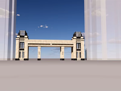 Elegant Beige Entrance Gate With Symmetric Columns And Blue Sky Backdrop 3d model