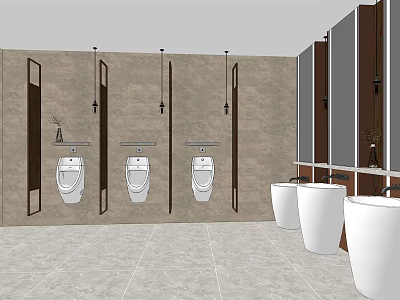 Modern Public Toilet Interior With Three Urinals Stalls And White Sinks 3d model